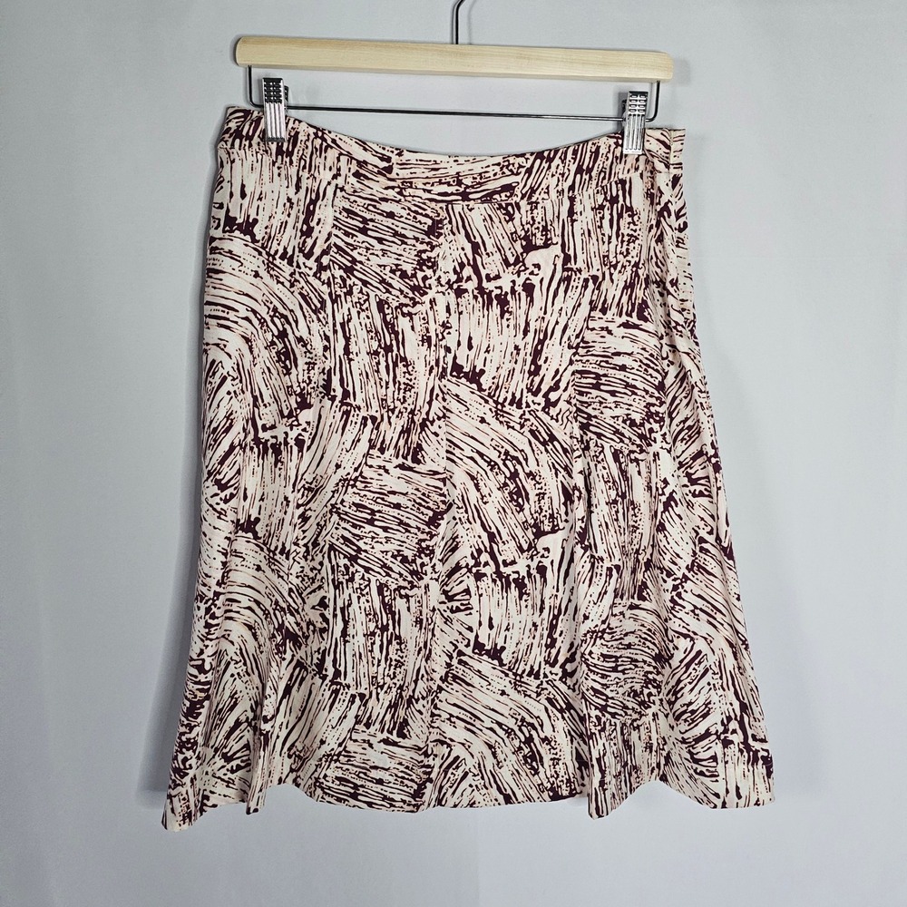 Merona Silk A-Line Skirt 8 Cream Burgundy Abstract Brushstroke Art To Wear 90s